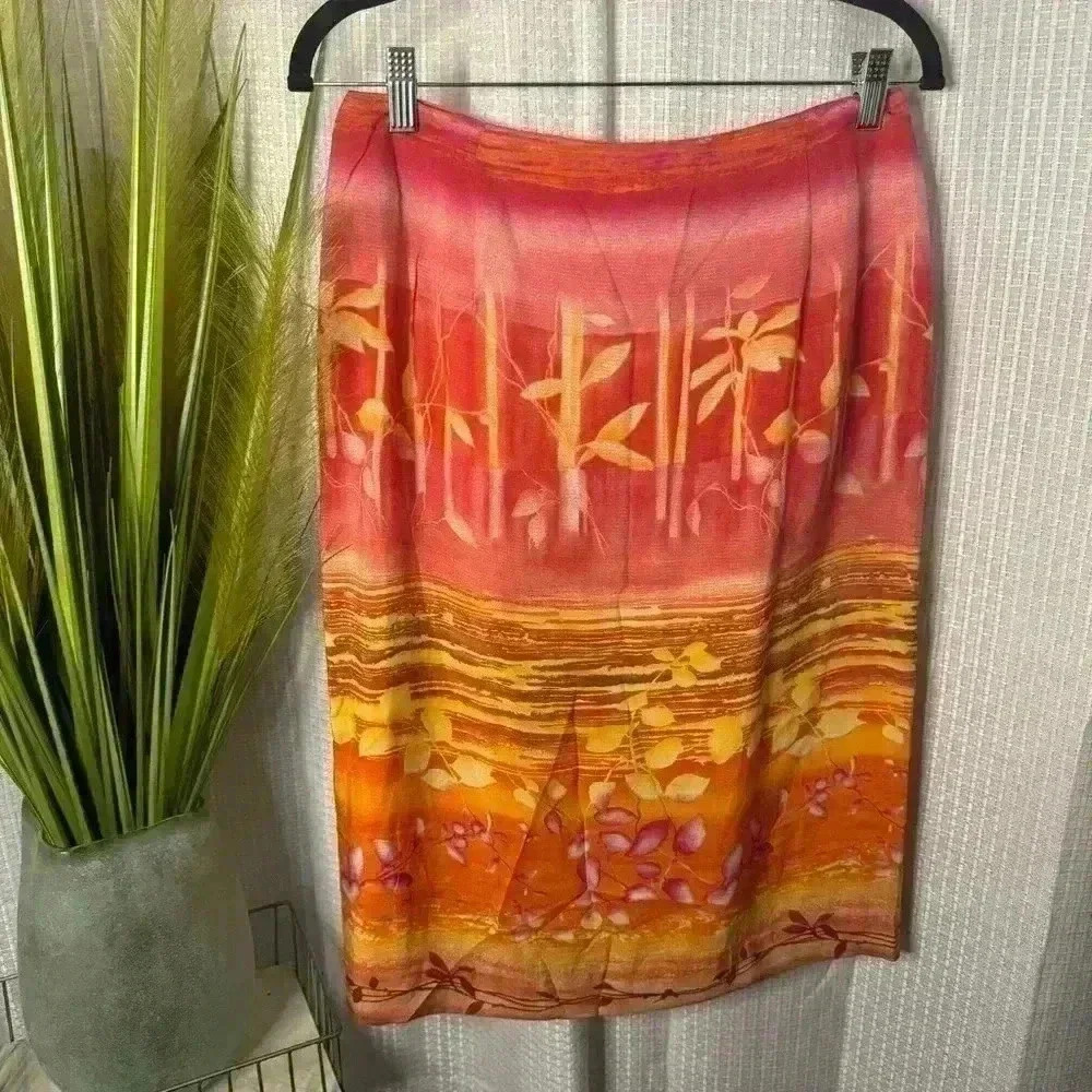 LOUBEN 100% Cupro Size 8 Sunset Floral Below Knee Lined Pencil Skirt Vegan Silk
